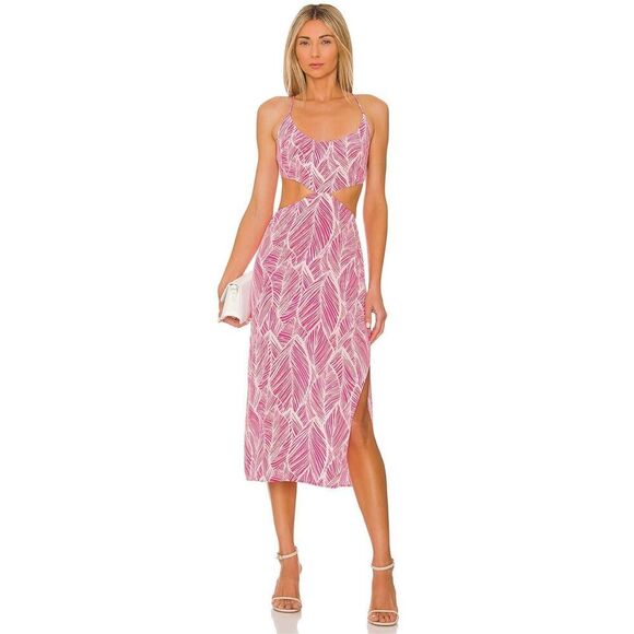 Lovers + Friends Makena Midi‎ Dress in Fuchsia Leaf Print Size M - Picture 1 of 12